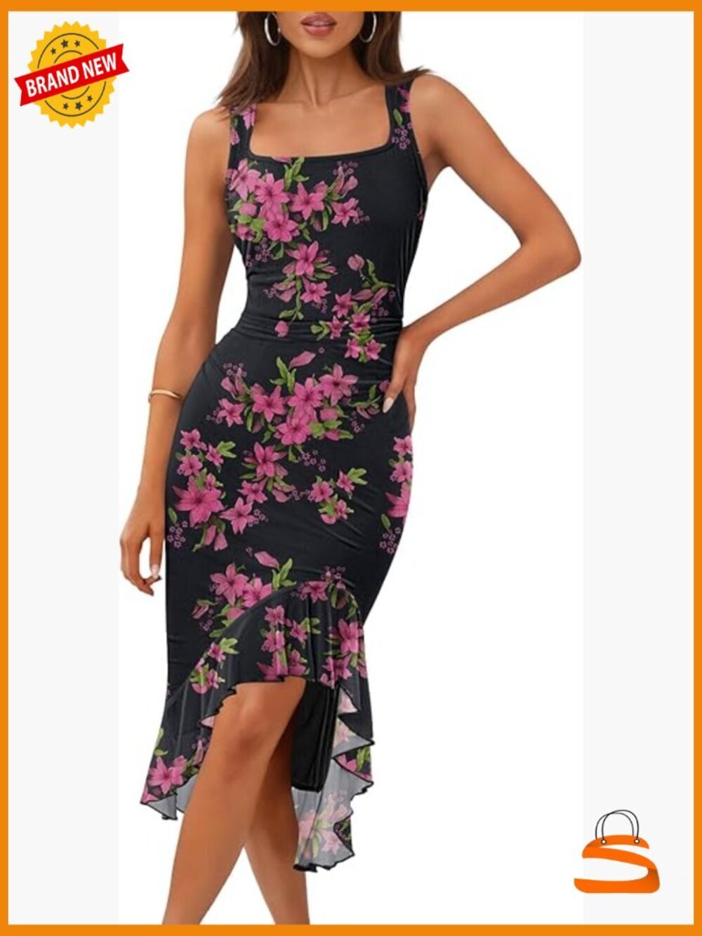Women's Floral Bodycon Midi Dress Square Neck Sleeveless Ruffle Cocktail Summer